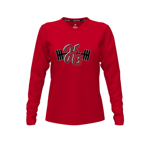 [CUS-DFW-TEES-CMF-VNK-LSL-RED-FYXS-LOGO3] Comfort T-Shirt (Female Youth XS, Red, V Neck, Logo 3, Long Sleeve)