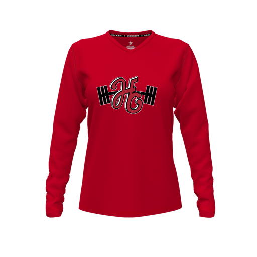 [CUS-DFW-TEES-PER-VNK-LSL-RED-FYXS-LOGO3] Performance T-Shirt (Female Youth XS, Red, V Neck, Logo 3, Long Sleeve)